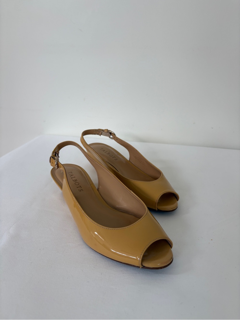 Talbots Mustard Yellow Patent Peep-Toe Slingback Wedge Leather